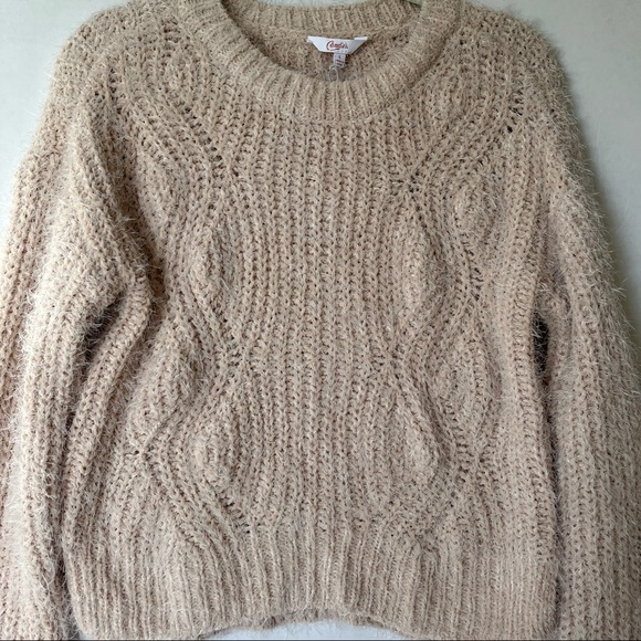 Candies women’s eyelash chenille long sleeve cable knit sweater, Large, beige - Picture 5 of 8